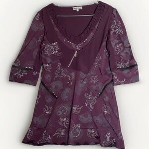 Marie Claire Abstract Whimsy Floral Festival V-neck Tunic Shirt Purple Zipper S